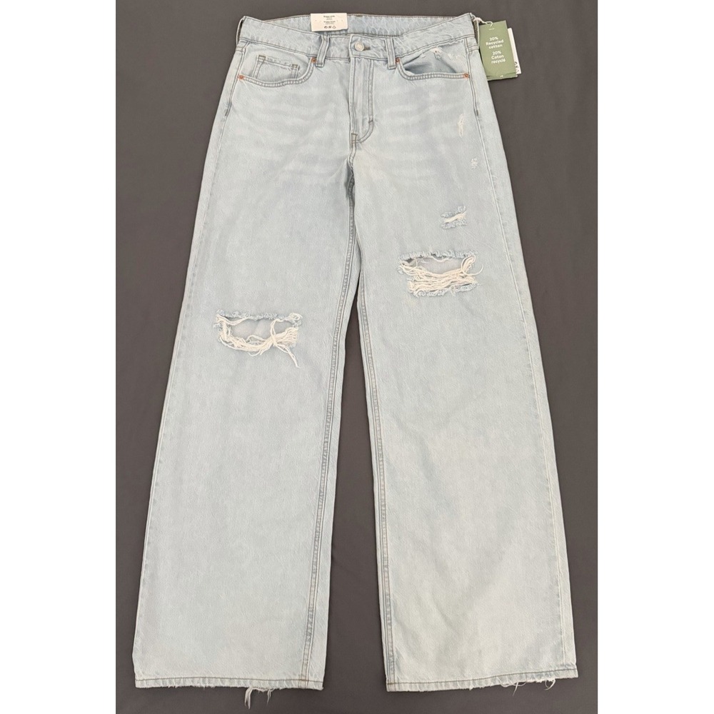 H&M Baggy Wide Leg Jeans Womens 6 Light Blue Distressed Mid Waist NEW!